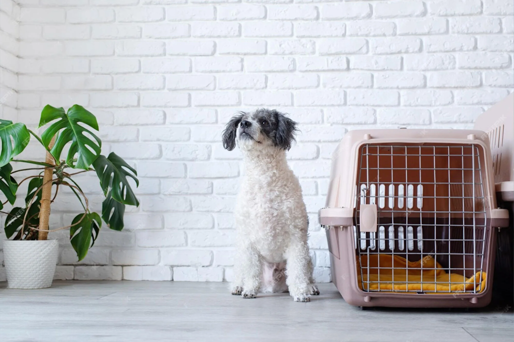 Dog sitting next to a travel crate in a clean home environment, showing a safe and comfortable setup for bringing a dog home